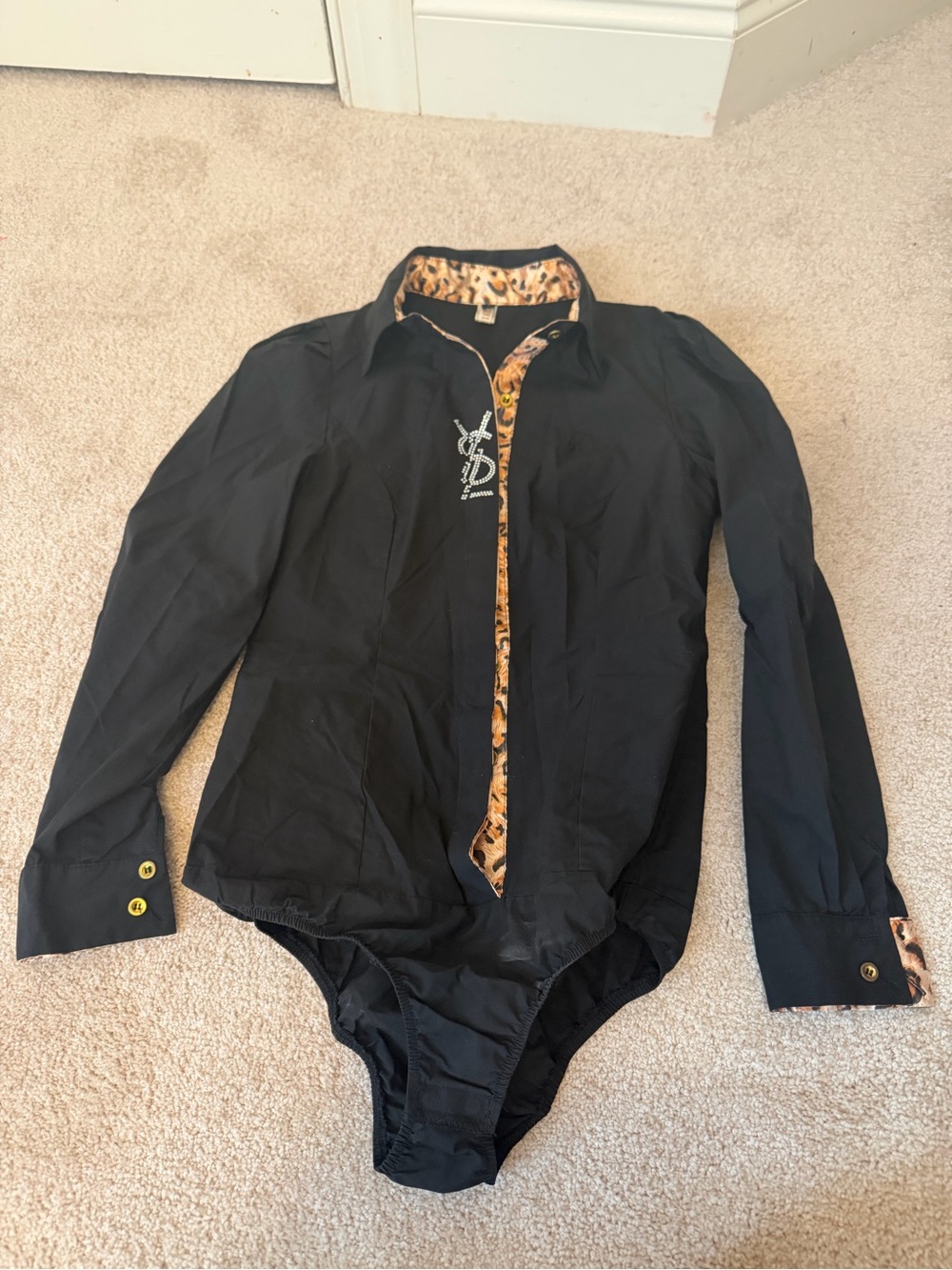 Black Long-Sleeve Shirt Jacket Bodysuit with Leopard Trim